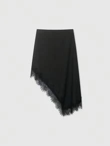 Lace Patchwork Solid Color Asymmetric Hem Casual Versatile Skirt Black Spring - Black - View 2