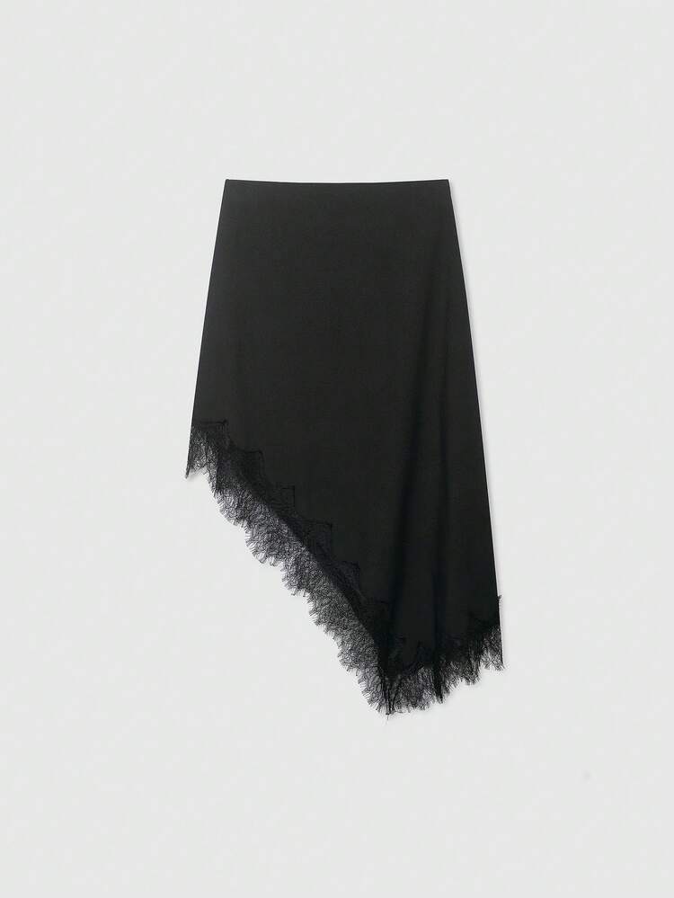 Falda casual y versátil con dobladillo asimétrico, parches de encaje y unicolor, color negro, para primavera - Negro - Añade 2