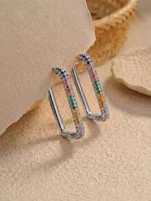 1 đôi bông tai hình chữ nhật đính đá Cubic Zirconia cầu vồng, mạ vàng và bạc, kiểu dáng hình học, trang sức lấp lánh nhiều màu sắc, quà tặng độc đáo cho phụ nữ. - Nhiều màu - Xem 4