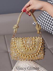 时尚奢华水钻装饰晚宴手提包，优雅手拿包，适合派对和活动，百搭女士钱包 - 金色 - 查看 1