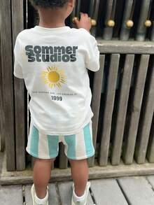 1件婴儿/幼儿男童创意卡通图案字母标语印花基本款圆领短袖T恤，休闲时尚 - 白色 - 查看 6