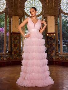 Faeriesty 女士优雅正式晚礼服，V领设计，修身剪裁，多层薄纱，层叠蛋糕式设计，薄纱拼接，修身剪裁，适合出席盛大舞会、黑领结晚宴、正式婚礼、颁奖典礼及其他正式场合。粉色系春季派对 - 粉色 - 查看 3