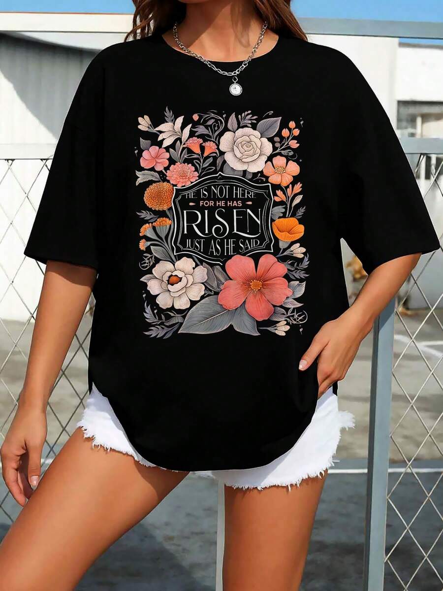 He Is Risen He Is Not Here Easter Day Christian Jesus Floral T-Shirt - màu đen - Xem 1