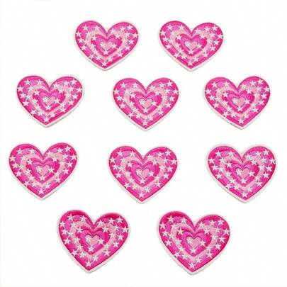 10片/套 情人节粉色心形卡通刺绣布贴，适合情人节装饰衣服、背包、帽子等，可熨烫/缝制
