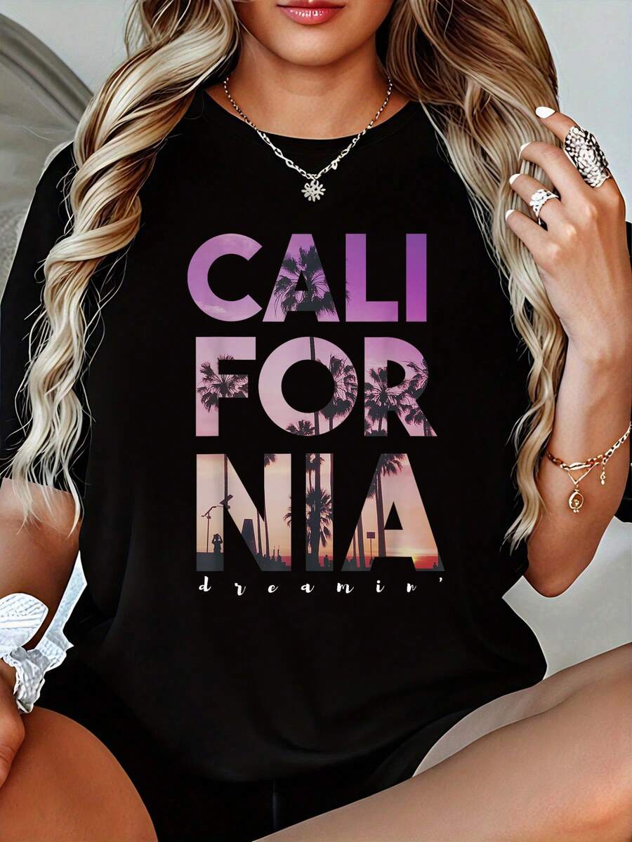 California Dreaming Beach Palm Tree Summer Vacation Surfing Summer Women's Casual Sports Cleaning Breathable Short Sleeve T-Shirts - 黑色 - 查看 1