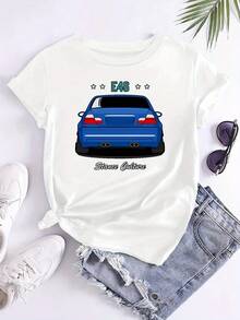 Women'S Casual Crew Neck T-Shirt With "E46 STANCE CULTURE" Letter Print, Short Sleeve Top For Casual Attire, Ladies T Shirts - 白色 - 查看 11