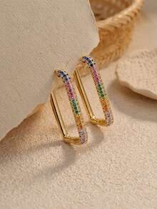 1 đôi bông tai hình chữ nhật đính đá Cubic Zirconia cầu vồng, mạ vàng và bạc, kiểu dáng hình học, trang sức lấp lánh nhiều màu sắc, quà tặng độc đáo cho phụ nữ. - Nhiều màu - Xem 1
