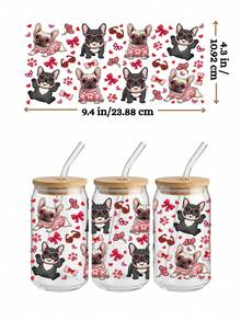 4件套法国斗牛犬蝴蝶结UV DTF转印贴纸，适用于16盎司Libbey玻璃杯（9.4x4.3英寸），可爱法斗犬泰迪熊红色粉色丝带防水包装纸，情人节DIY贴纸，无需加热 - Valentine 002 - 查看 6