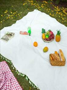 1件装全新纯色舒适花卉流苏户外防水防沙数码印花野餐垫/沙滩巾，时尚清新图案，适合户外露营和野餐 - A - 查看 1