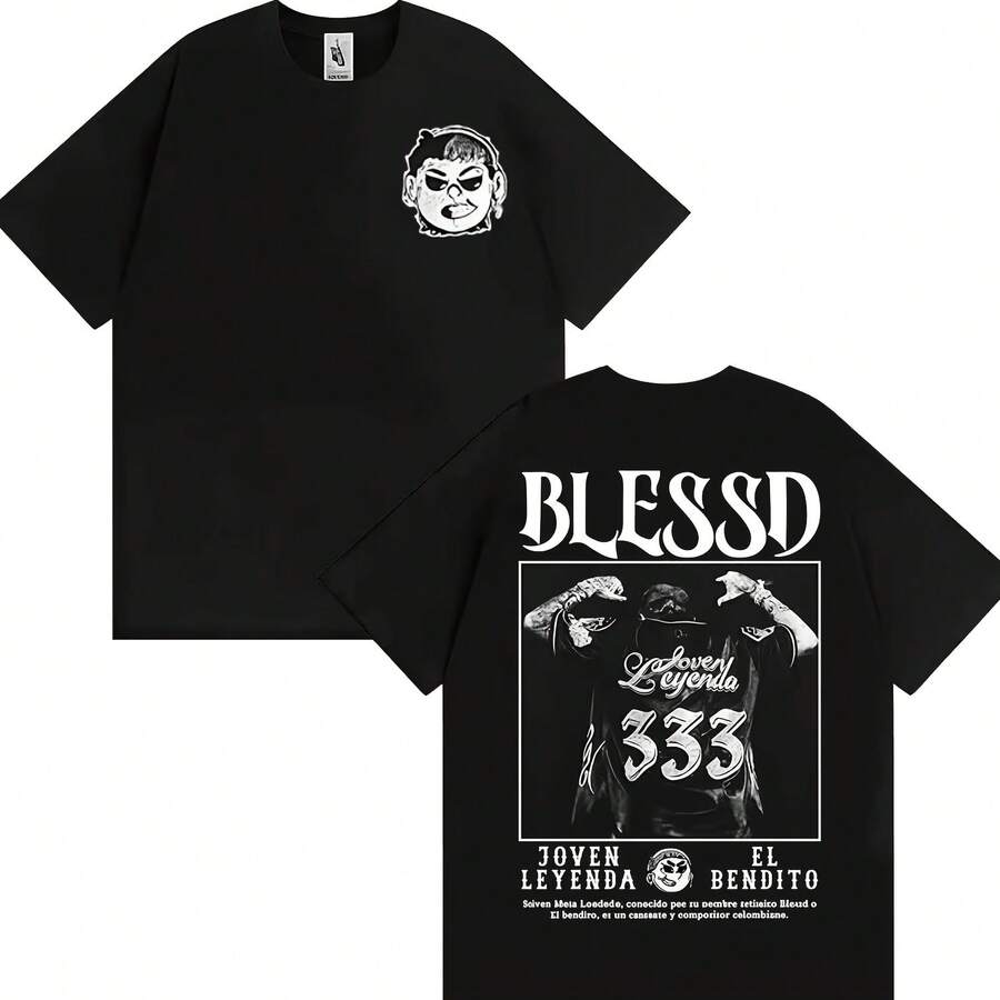 Men Women Hip Hop High Street Cool T Shirts Rapper Blessd El Bendito Album Tour Merch T-Shirt Casual Cotton Short Sleeve T Shirt - 黑色 - 查看 1