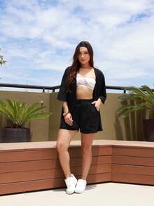 Conjunto Kimono  Casual    Tecido    Nó  Bainha com babado    Praia  Férias    Verão - Preto - Visão 3