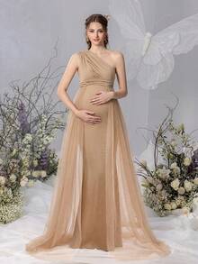 Faeriesty Dressalisa Elegant One-Shoulder Maternity Evening Dress, Mermaid Hem, Delicate Mesh Patchwork, Suitable For Photography, Baby's Full Moon Celebration, Christening, Maternity Photoshoot, And Family Gatherings Spring - Champagne - View 7