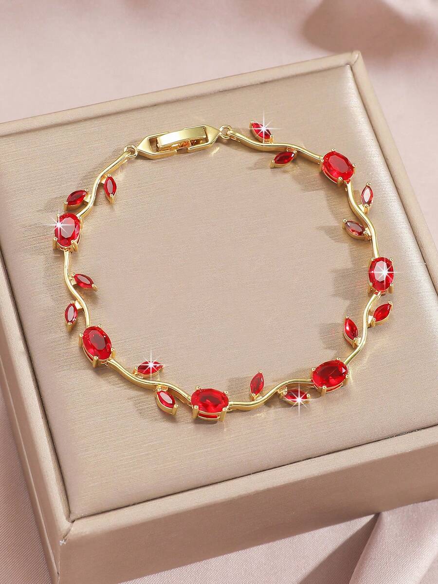 1pc Elegant Copper Fashion Tulip Flower & Leaf Chain Bracelet, Luxury Pink Cubic Zirconia Birthstone Decorated Bracelet, Hypoallergenic, Suitable For Women's Daily, Party, Wedding Accessories, As Valentine's Day, Mother's Day, Birthday, Wedding Anniversary Gift