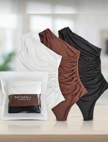 Set Of 2 Women's One-Shoulder Draped Bodysuits With No Sleeves And Side Gathering - Bori Moda 2026 - Brown-black - View 2