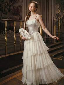 Elegant Romantic Wedding Guest Tulle Spaghetti Strap Party Evening Tie-Up Ruffle Hem Princess Dress - Apricot - View 2