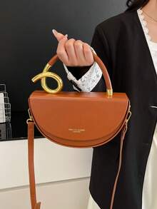 Niche Artificial Leather Design Women's Handbag, Fashionable Retro Textured Crossbody Bag, Solid Color Multifunctional Underarm Saddle Bag - Brown - View 5