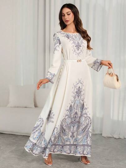 女士优雅植物印花宽松长连衣裙 – 圆领，适合休闲度假和节日派对，春季连衣裙，女士优雅长裙，女士优雅连衣裙