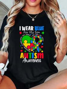 playeras de algodón mujer, "Llevo azul por mi hijo", camiseta de concienciación sobre el autismo para hombres, mujeres, niños y mamá. conjuntos de mujer tops - Negro - Ver 1