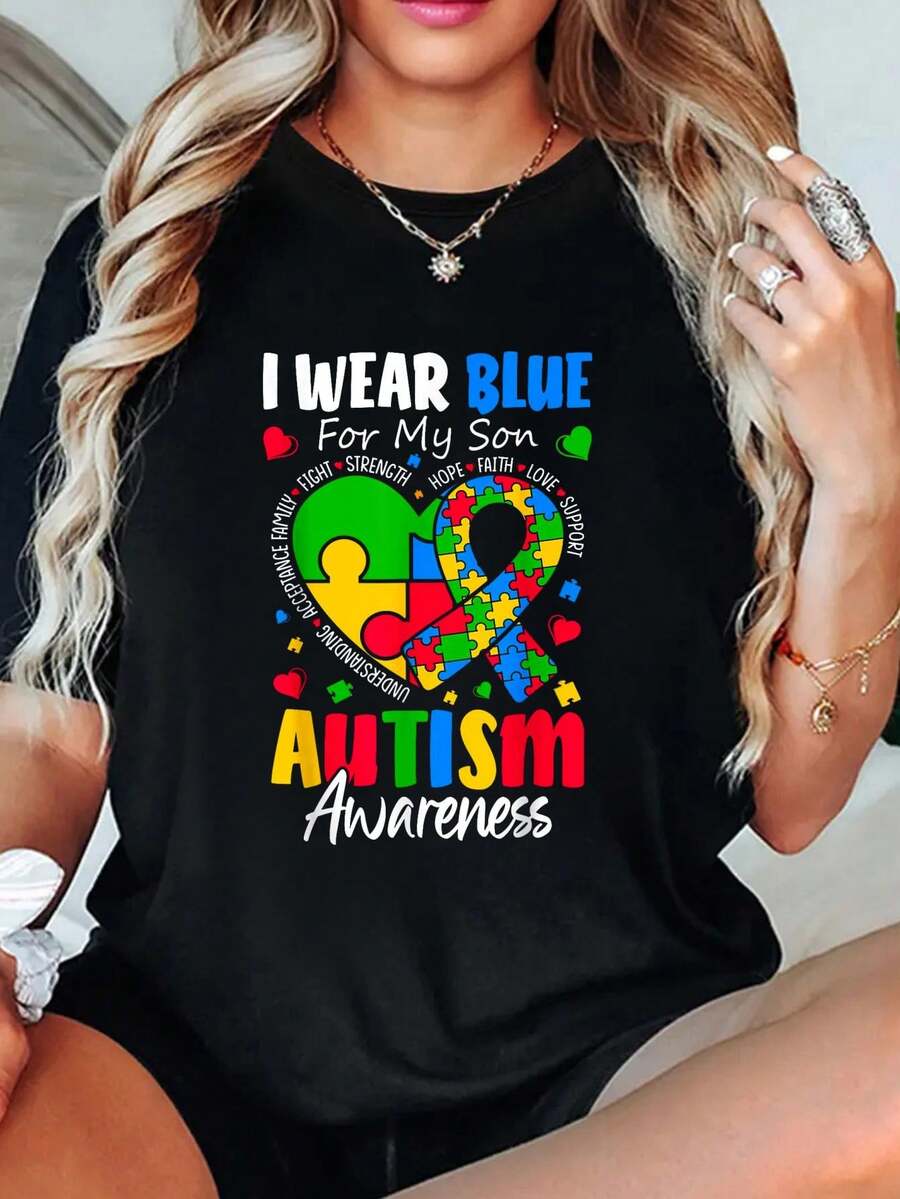 playeras de algodón mujer, "Llevo azul por mi hijo", camiseta de concienciación sobre el autismo para hombres, mujeres, niños y mamá. conjuntos de mujer tops - Negro - Ver 1