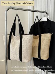 Summer Vacation Large Capacity Straw Tote Bag Women's Casual Seaside Beach Bag Woven Shoulder Handbag Double Handle White Purse For Travel Outing - 彩色 - 查看 3