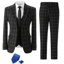 Mens Suit 4 Piece Suit Plaid Double Breasted Formal Business Wedding Prom Suit Male Groom, Blazer+Vest+Pant - Black with Tie - 查看 2