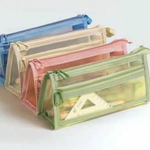 1pc Transparent Thick Mesh Double-Layer Pencil Case, Extra Large Capacity Easily Fits All Exam Stationery - Single Piece - View 2