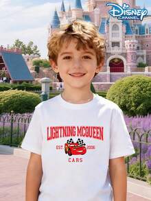 Disney Boys' T-Shirts, Cartoon Cars, 95 Racing Prints, Text, Cartoons, Animations, Summer Casual Outdoor Games, Boys' Round Neck Short Sleeves, Easter Tops, New School Clothes, Boys' Street Outfits, Easter New Clothes - 白色 - 查看 2