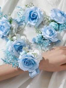 1件/2件/6件裝 藍色 Airen 玫瑰花配小茶苞，浪漫花卉胸針與手腕花飾，適合新娘、伴娘、新娘母親、母親 - 淺藍色 - 查看 2