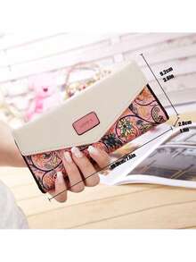 Ví dài kiểu Hàn Quốc nhập khẩu, họa tiết hoa nhí và kẻ caro phối màu tương phản, kiểu phong bì, có khóa bấm, dành cho nữ (Tất cả họa tiết và chữ cái ngẫu nhiên), ví đựng đồ dùng đi biển, ví du lịch, ví cổ điển. - Hồng - Xem 3