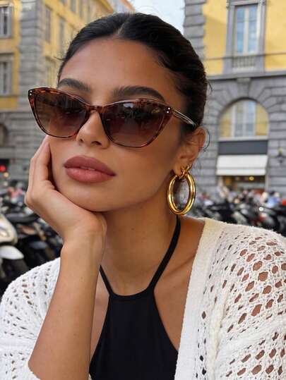 Bohemian Style Leopard Print Cat Eye Frame Rivet Fashion Fashion Glasses For Women, Plastic Casual Decorative Daily Wear