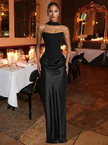 Maggie 女士性感无肩带修身长裙，夏季缎面垂褶连衣裙，黑色系带露背优雅生日派对鸡尾酒裙 - 黑色 - 查看 2