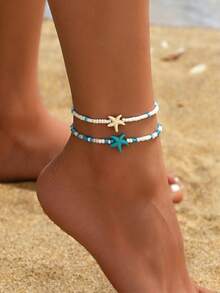 2 piezas Tobilleras de estilo bohemio y veraniego con cuentas, joyas versátiles para el pie con cuentas de estrella de mar y tortuga, opción de regalo - Multicolor - Ver 6