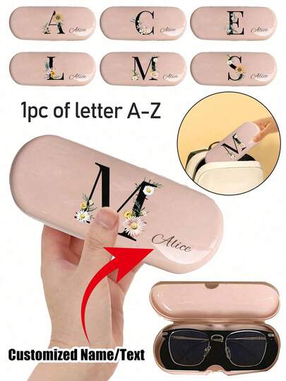 Customizable Name Personalized Glasses Case, Initial Glasses Case Hard Shell - Pu Leather A-Z Daisy Letter Flower Prints Pink Eyeglass Case ,New And Simple Design, Convenient And Portable With Waterproof And Dustproof Function ,Alphabet Charm Eyeglasses Case For Sunglasses Eye Glasses Case, Glasses Storage Box With Lid ,Portable Organization Container Household For Women Men Sunglasses Organizer Holder,Protective Eyeglasses Case