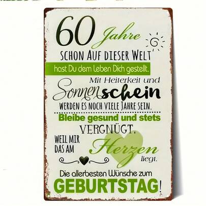 2D Flat, 1pc Vintage German "60th Birthday" Metal Sign - Retro German Wall Decor With Number 60, Durable Iron Party Decoration Suitable For Home, Cafe, Bar, Garage Or 60th Birthday Party - Pre-Drilled Holes For Easy Hanging, 2D Flat