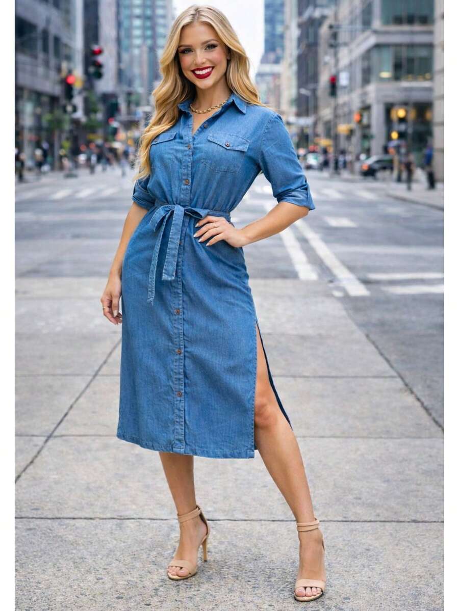 Women Denim Dresses - Medium Wash - View 1