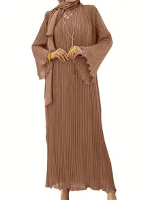 Women's Solid Color Pleated Dress, Muslim Modest Clothing, Gentle And Graceful Spring Style - Brown - View 4