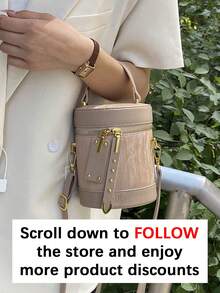 女士时尚小众圆柱形手提包水桶包新款高端单肩斜挎包零钱包 - 多功能小众纹理链条斜挎包，适合约会、购物、外出、通勤、日常搭配、办公、度假 - 卡其色 - 查看 3