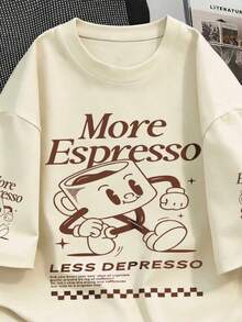 女士春季穿搭、夏季服装、女士度假装、浓缩咖啡俱乐部印花圆领短袖T恤、休闲夏季风格 - 杏色 - 查看 3