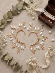 1pair Fairycore Leaf & Faux Pearl Decor Ear Cuffs, Gold Tone Filigree Elf Ear Clips For Women No Piercing Required, Elegant Gold Leaf Wrapping Ear Crawler Hook Earrings, Boho Bridal Wedding Party Jewelry For Brides & Cosplay,Summer,Jewellery,Festival,Accessories - Gold - View 8