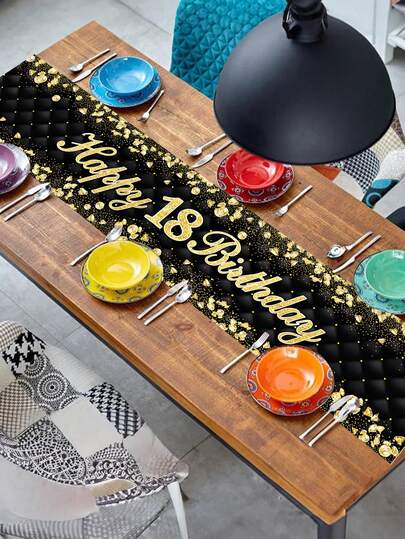 1pc "Golden Milestone" 18th Birthday Table Runner - Elegant Black & Gold Glitter Design, Suitable For Mature Adult Party