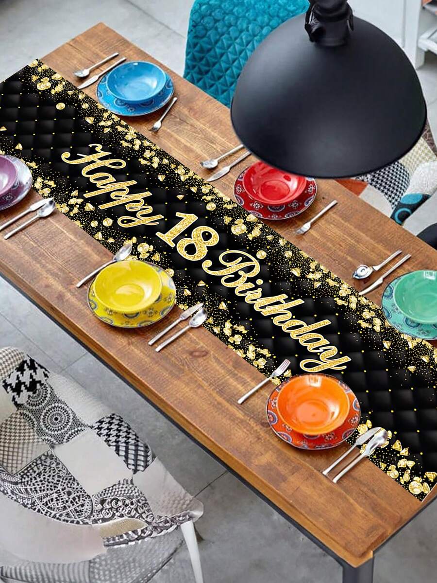 1pc "Golden Milestone" 18th Birthday Table Runner - Elegant Black & Gold Glitter Design, Suitable For Mature Adult Party - Multicolor - View 1
