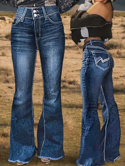 Plus-Size Women's Retro Western-Style Flared Jeans, Solid Color Pockets, Button And Zipper, Suitable For Holidays, Office, Vacation, Airport, And Everyday Wear. The Retro Blue Flared Style Is Versatile, Slimming And Lifting The Hips, With A Flattering Hem That Accentuates Leg Lines. High-Waisted, Frayed Edges Create A Slimming Effect.