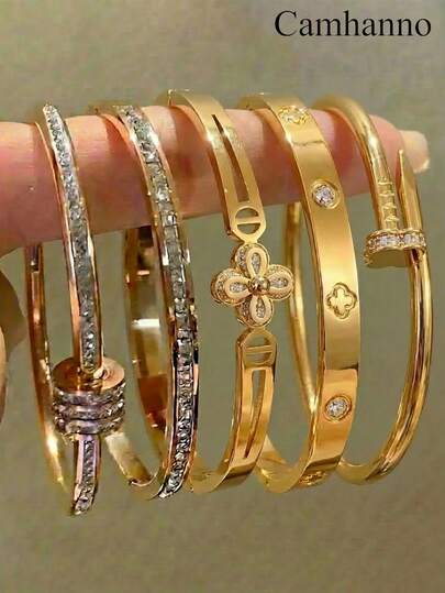 Camhanno 1 pieza/5 piezas Conjunto de joyas doradas, brazalete de acero inoxidable sutil y elegante, perfecto para citas íntimas, eventos de alta sociedad, viajes urbanos diarios y un regalo especial para el Día de San Valentín, con una construcción suave y duradera que ofrece un uso duradero, con variaciones decorativas sutiles como texturas florales y detalles de puntos que agregan un toque de sofisticación a cada atuendo y se convierten en un artículo básico en tu colección de accesorios