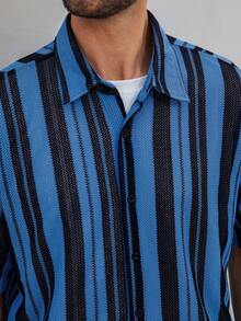 Men's Single-Breasted Casual Commuter Striped Short Sleeve Shirt - Blue - View 8
