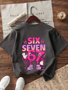 少女款“SIX SEVEN”卡通数码印花粉色T恤，适合日常穿着、街头风、活动场合，休闲百搭的夏季女童上衣 - 深灰色 - 查看 6
