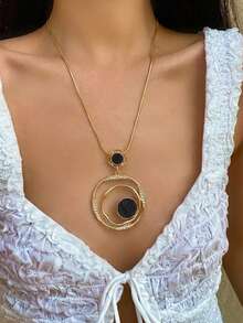 1pc Elegant Geometric Double Circle Pendant Necklace, Gold Tone Snake Chain Long Sweater Necklace For Women Daily Party Decor - Gold - View 2