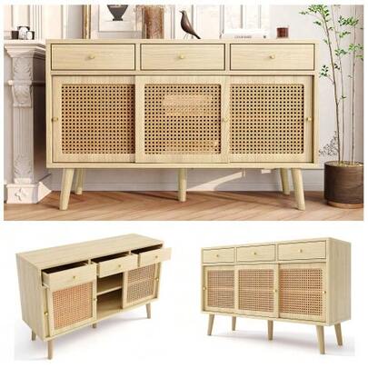 Sideboard, Chest Of Drawers With 3 Drawers And 3 Sliding Doors, Woven Rattan Door Fronts, Solid Wood Legs, Gold-Tone Metal Bar Handle, Adjustable Shelves, Oak, 120 X 40 X 78 Cm