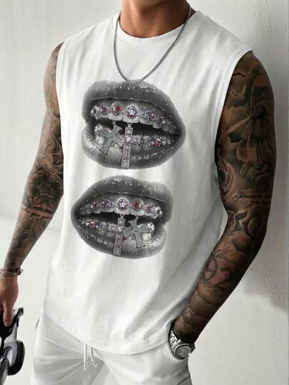  Fractyr 男士时尚休闲运动街头摇滚嘻哈无袖T恤背心 | 嘴巴、钻石和十字架元素印花 | 精致设计 | 春夏必备单品 | 基本款，复古风，百搭易穿，棉质触感 | 送给朋友的最佳礼物 | 展现你的独特个性。