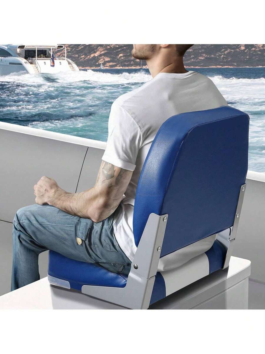 Boat Seat, 18.9" Low Back Boat Seat, Folding Boat Chair With Thickened Sponge Padding And Hinge, Fold-Down Boat Captain Chair For Fishing Boat, Sightseeing Boat, Speedboat, Canoe, 1-Piece - Xanh và trắng - Xem 1