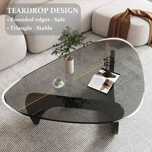 Mesa de centro de cristal para sala de estar, mesa de centro moderna de mediados de siglo, mesa de centro ovalada con base de madera maciza y cristal templado, mesa de centro pequeña para espacios reducidos, mesa de centro de cristal triangular única, mesas de cóctel abstractas - Negro/Gris - Ver 5